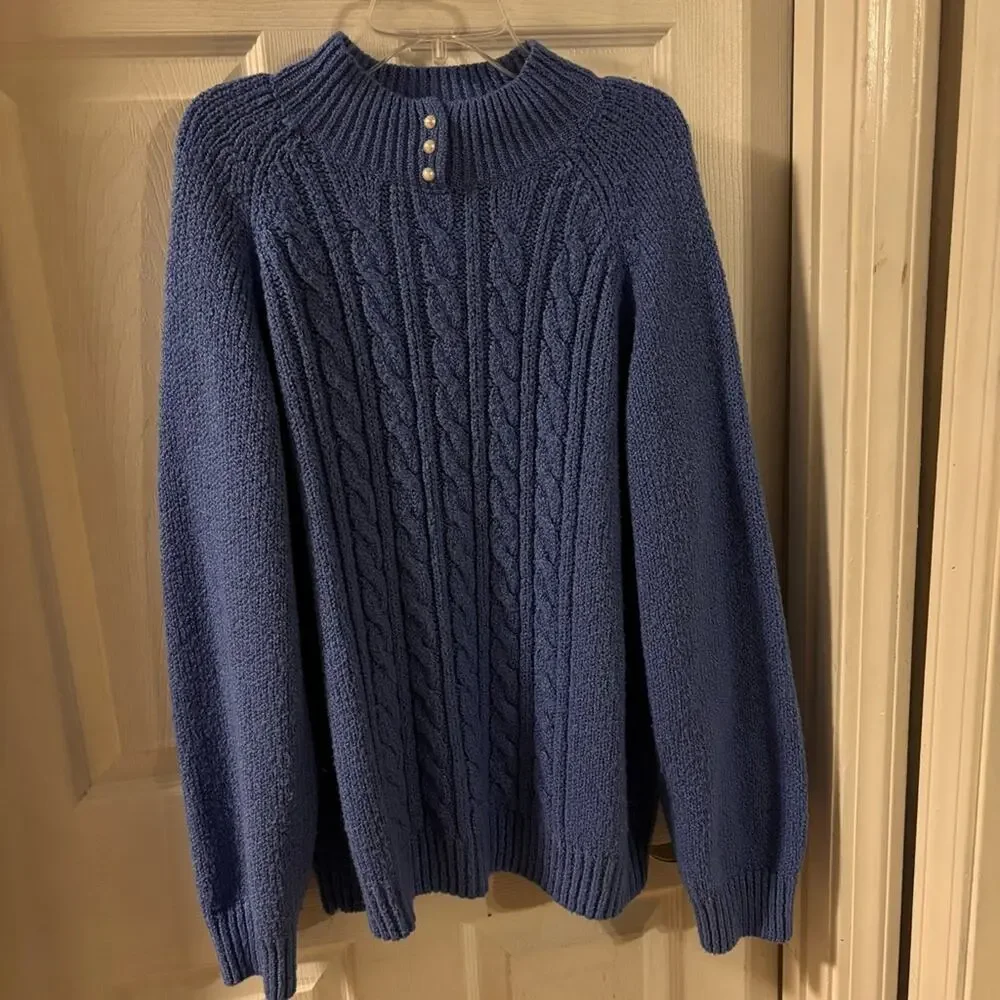 Karen Scott Blue Cottagecore Dark Academia Coastal Cable Knit Sweater Medium